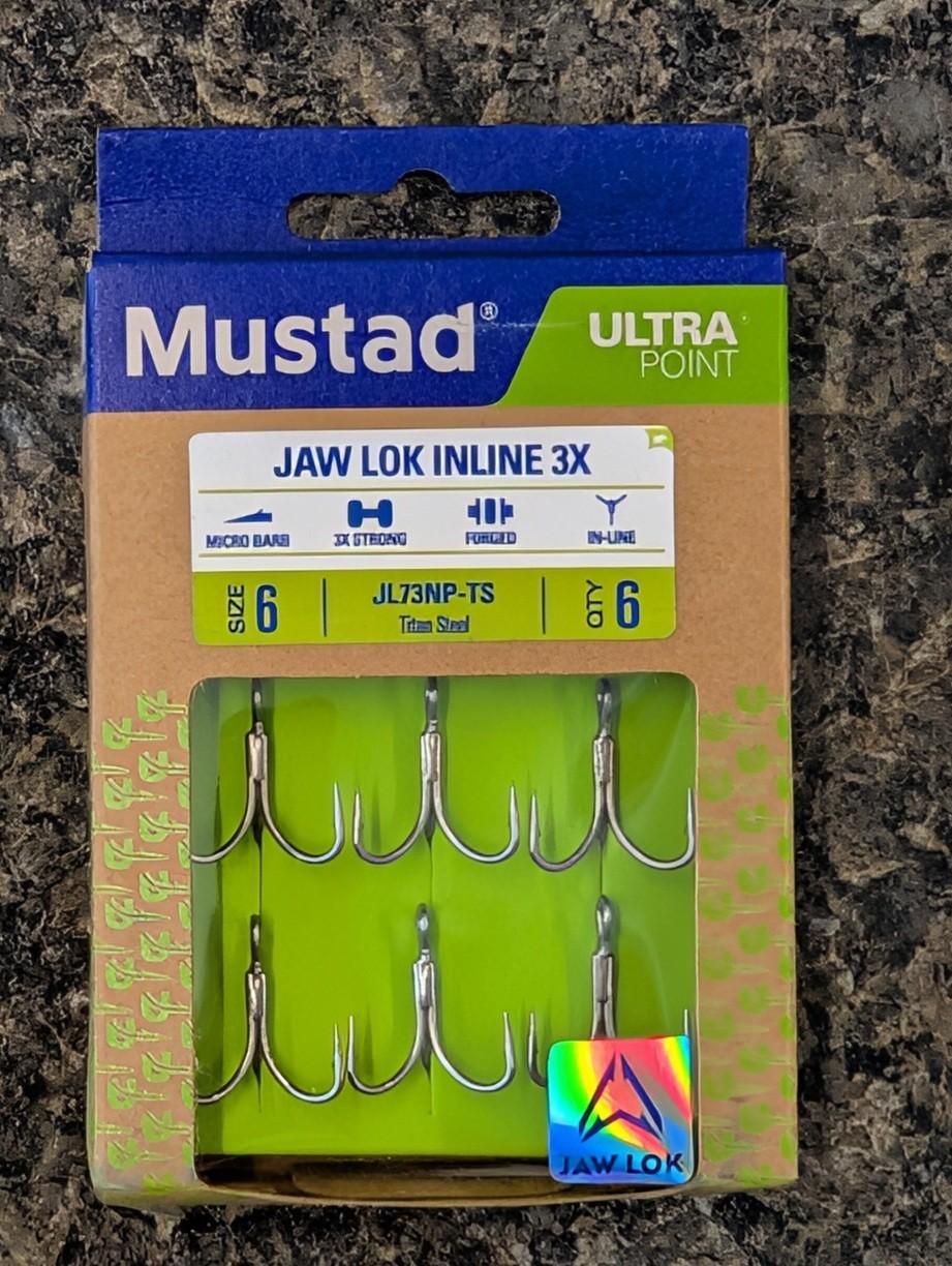 Mustad Jaw Lok In-Line Treble Hook 3X Strong - Size 6 - Titan Steel Hooks