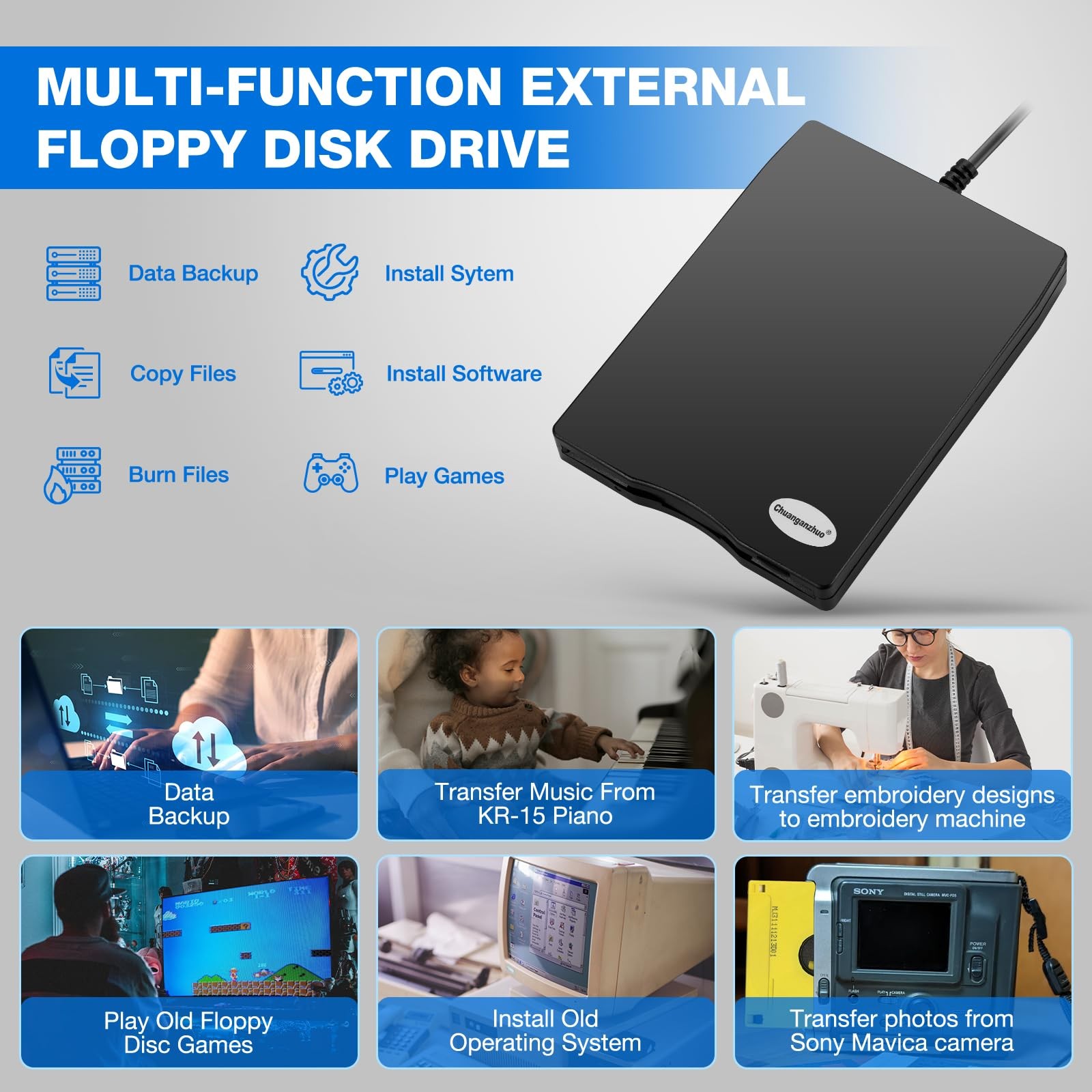Floppy Disk Reader, 3.5 inch 1.44mb External USB Type A/C Inch, Black