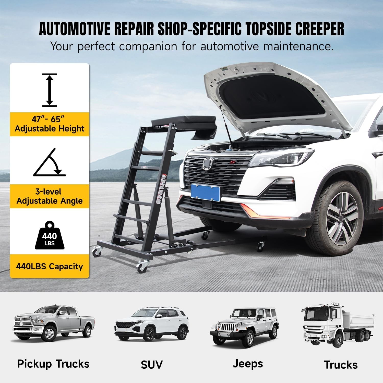 Adjustable Topside Creeper 47''-65'' Automotive Engine Creeper 440 LBS Capacity
