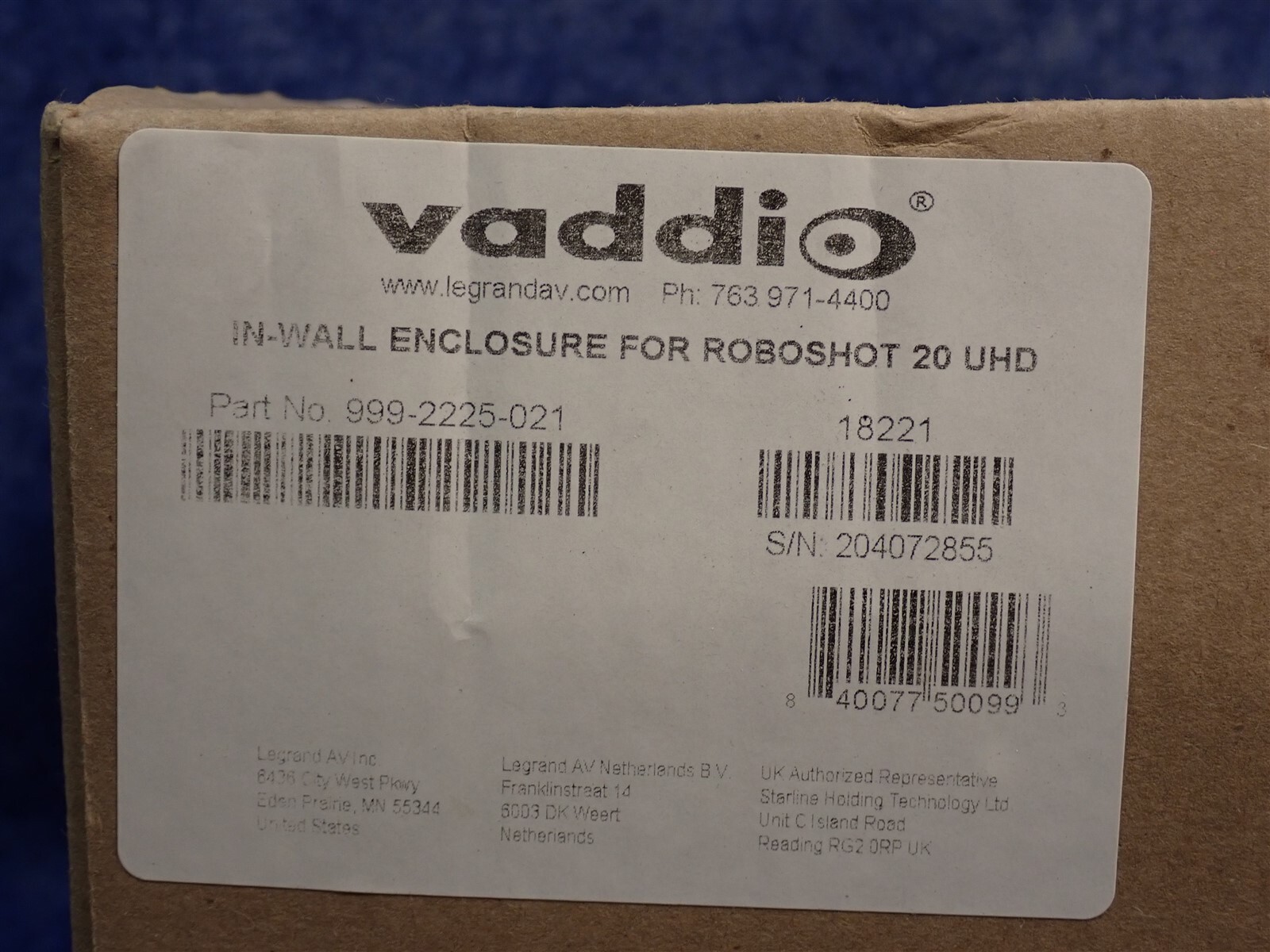 NEW Vaddio 999-2225-021 In-Wall Enclosure for RoboSHOT 20 UHD Camera (A11)