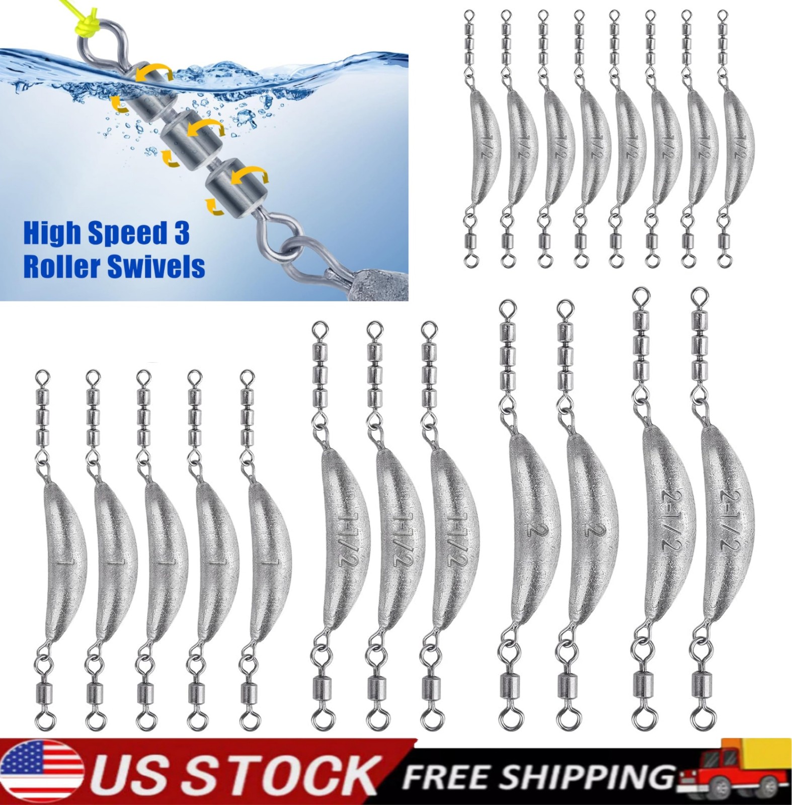 Fishing Weights Kit Inline Trolling Sinkers,Torpedo Sinkers with 3Roller Swivels