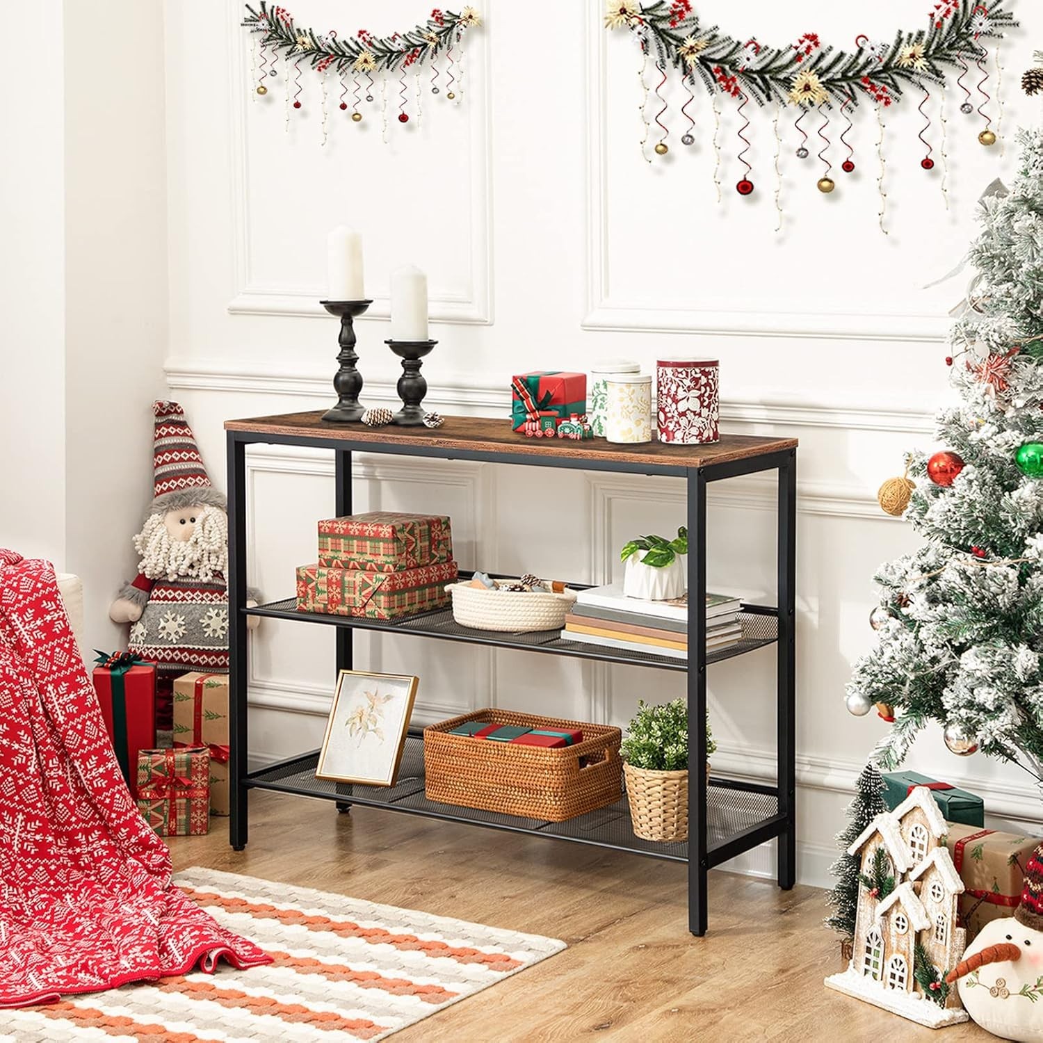 Console Table Sofa Table W/ 2 Flat/Slant Adjustable Mesh Shelves Hallway Table &