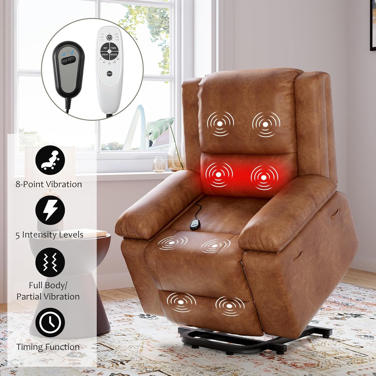 Power Lift Recliner Chair W/Heat & Massage, PU Leather Recliner for Elederly US