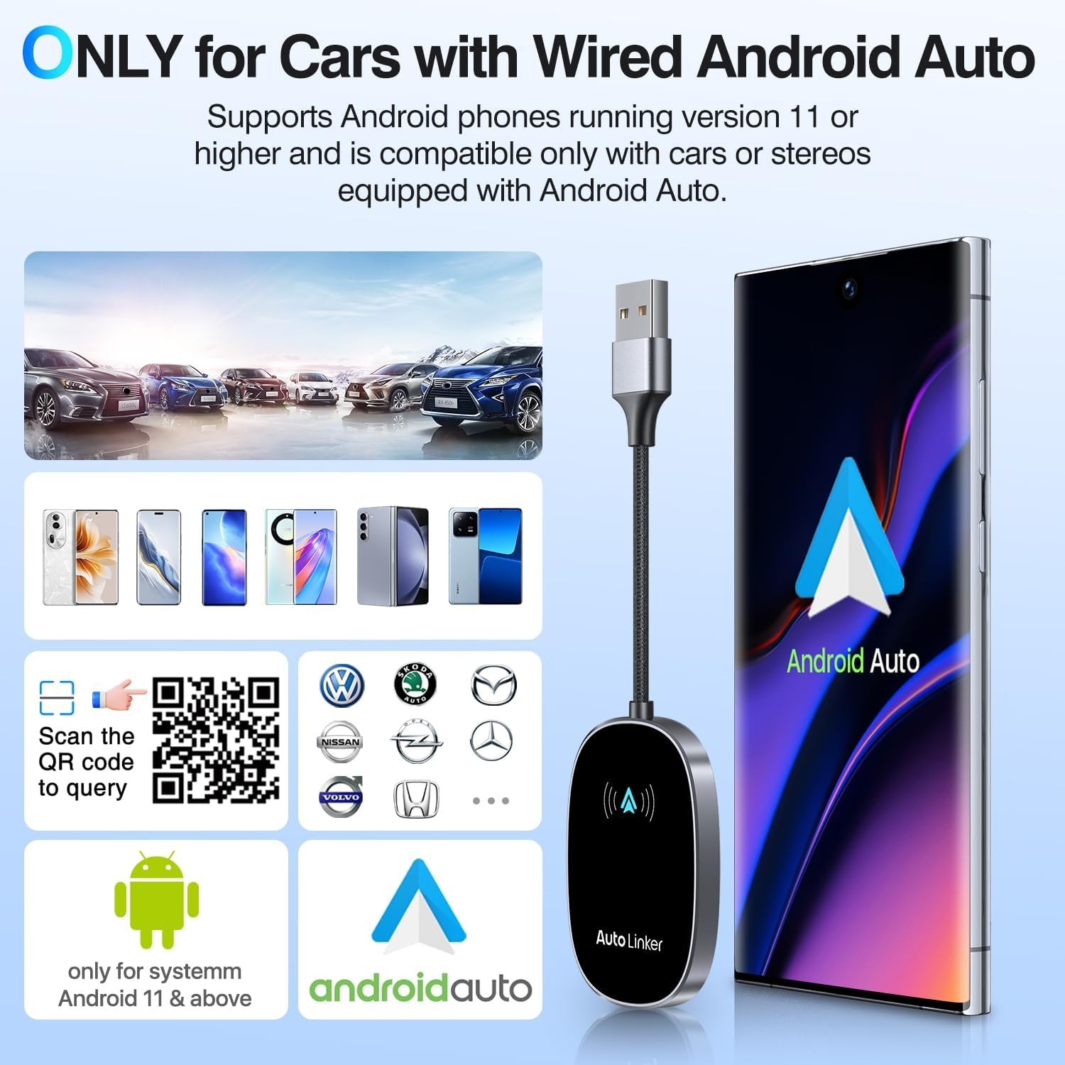 Android Auto Wireless Adapter for Cars with Built-in Wired Black