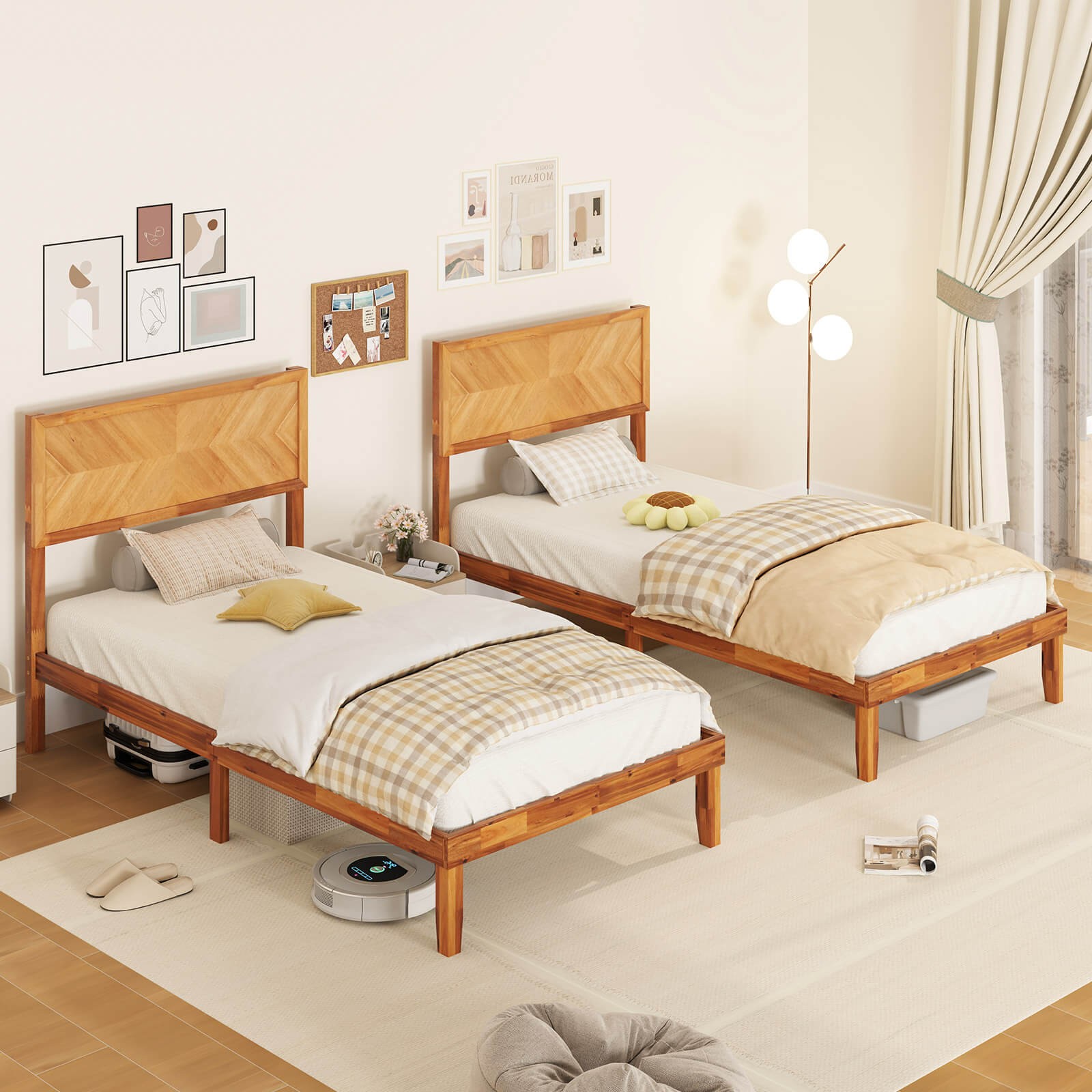 Twin Size Bed Frame w/Headboard Wooden Slats Support 9" Under-bed Storage Space