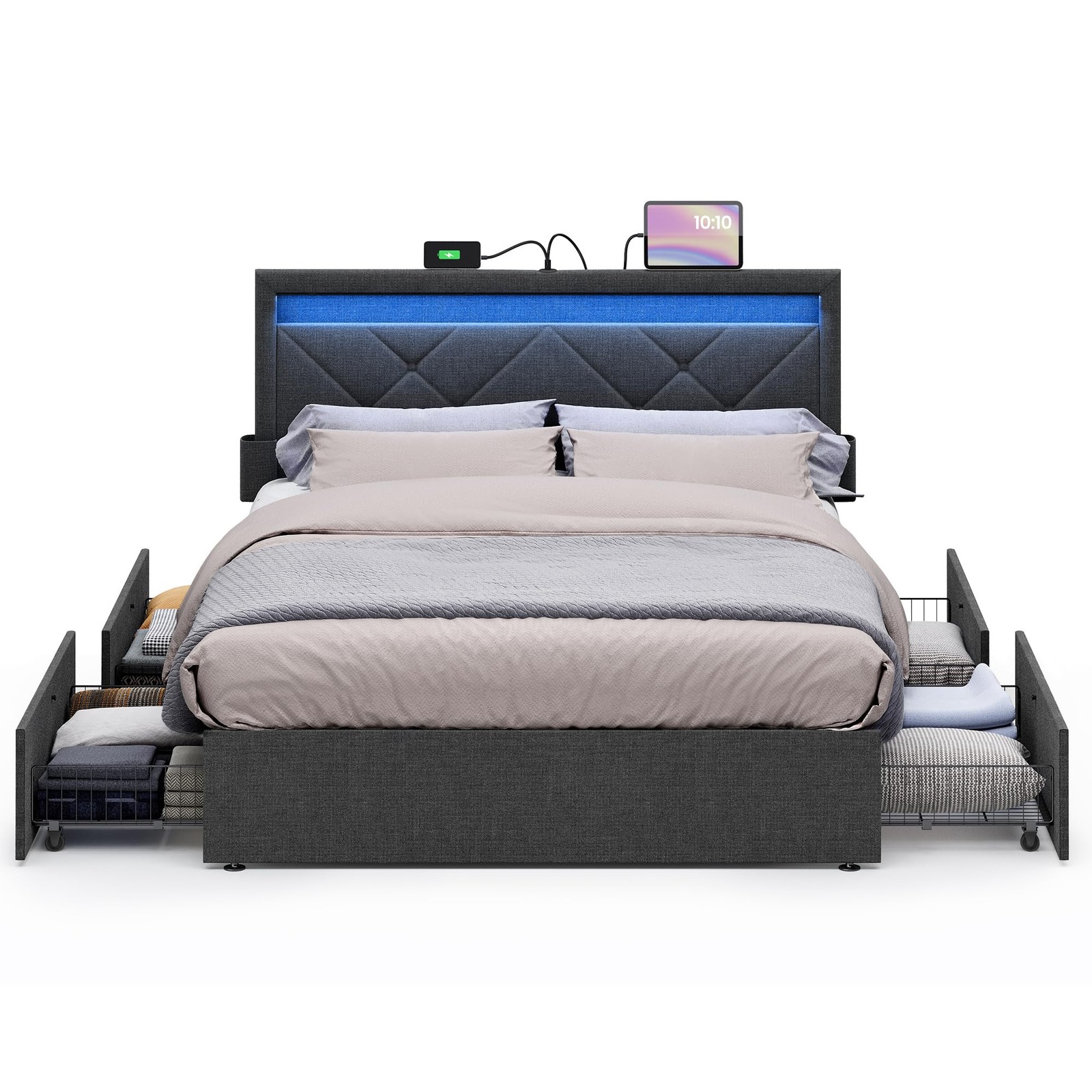 LED Bed Frame Full Size, Full Bed with Headboard and 4 Drawers, 1 USB Port an...