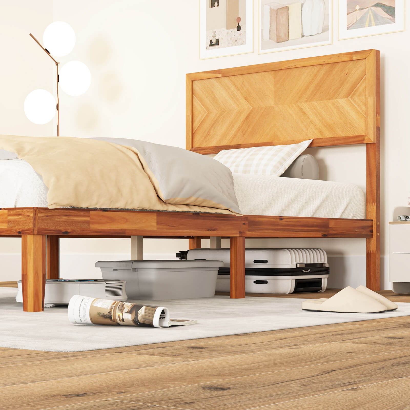 Twin Size Bed Frame w/Headboard Wooden Slats Support 9" Under-bed Storage Space