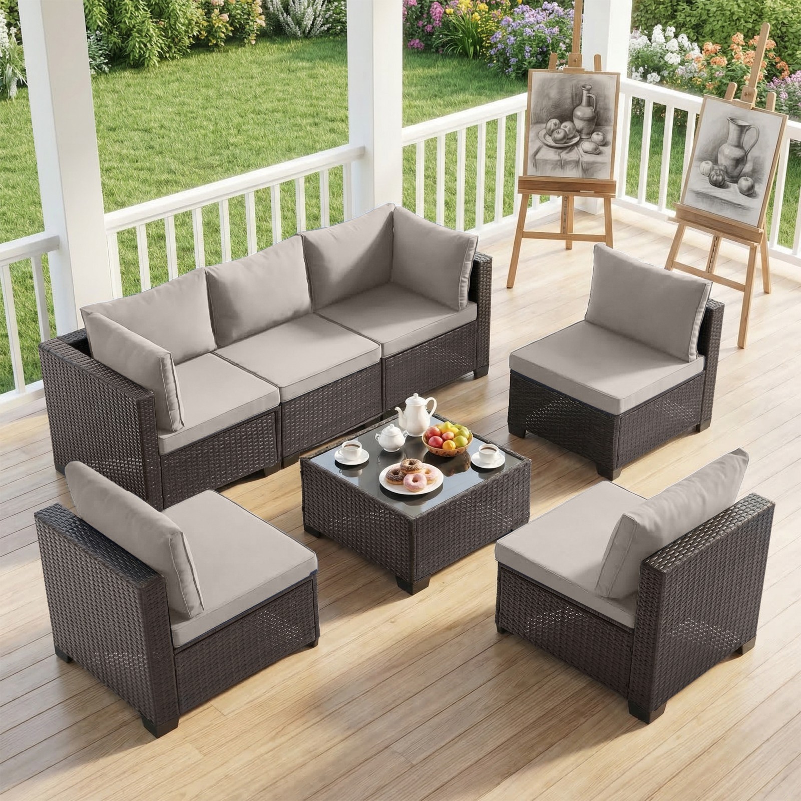 7 Pieces Outdoor Furniture Set Patio Wicker Rattan Sectional Sofa with Table