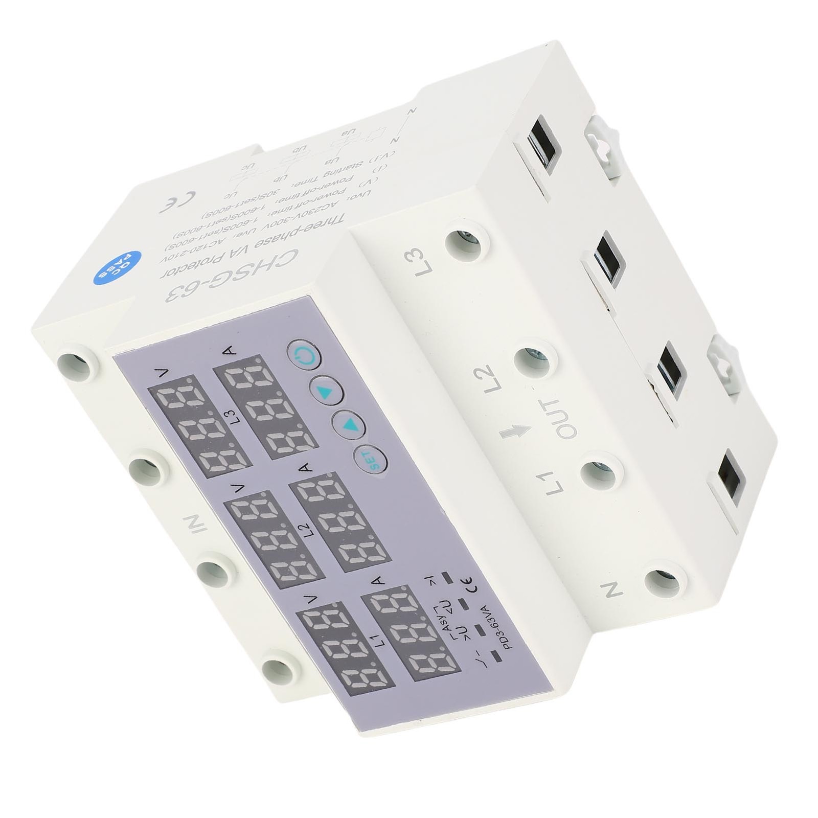 63A 3 Phase DIN Rail Voltmeter Ammeter Auto Overvoltage Overcurrent Protector AC