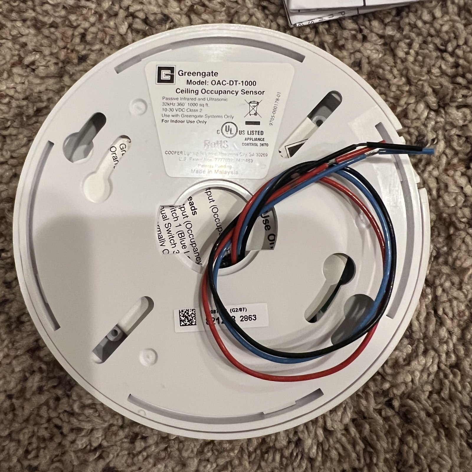 Cooper OAC-DT-1000 Ceiling Occupancy Sensor Dual Technology, Class 2