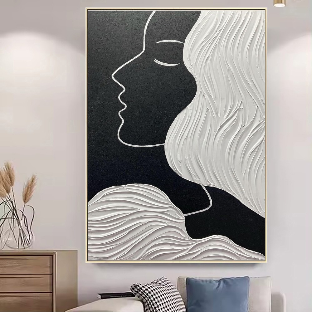 Handmade Black White Portrait Oil Paintings Nordic Abstract Art