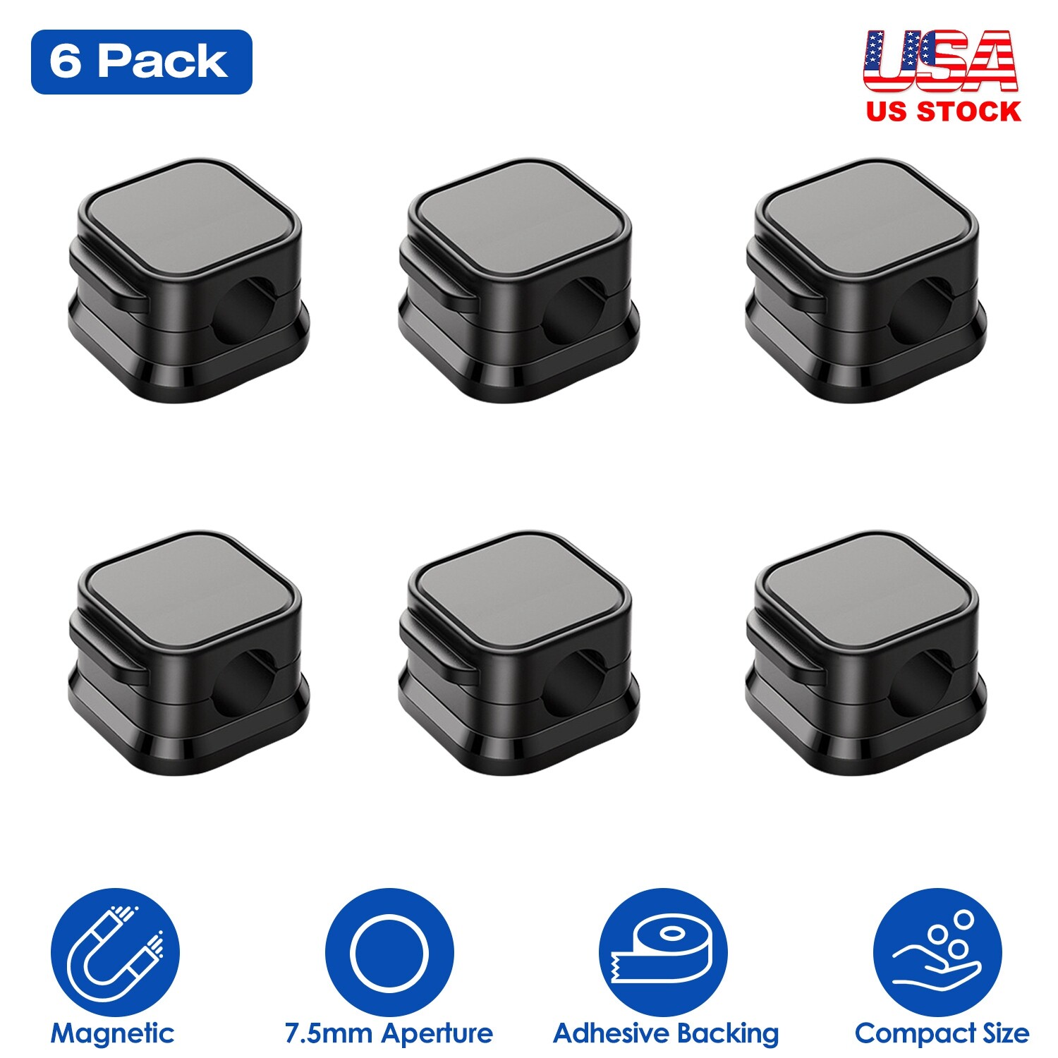 Magnetic Cable Clips Wire Organizer – 6 Pack Black – Cord Management