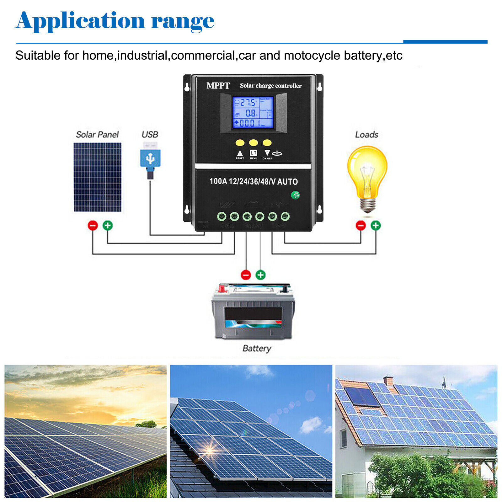 MPPT Solar Panel Battery 100A PV Regulator Charge Controller AUTO 12/24/36/48V