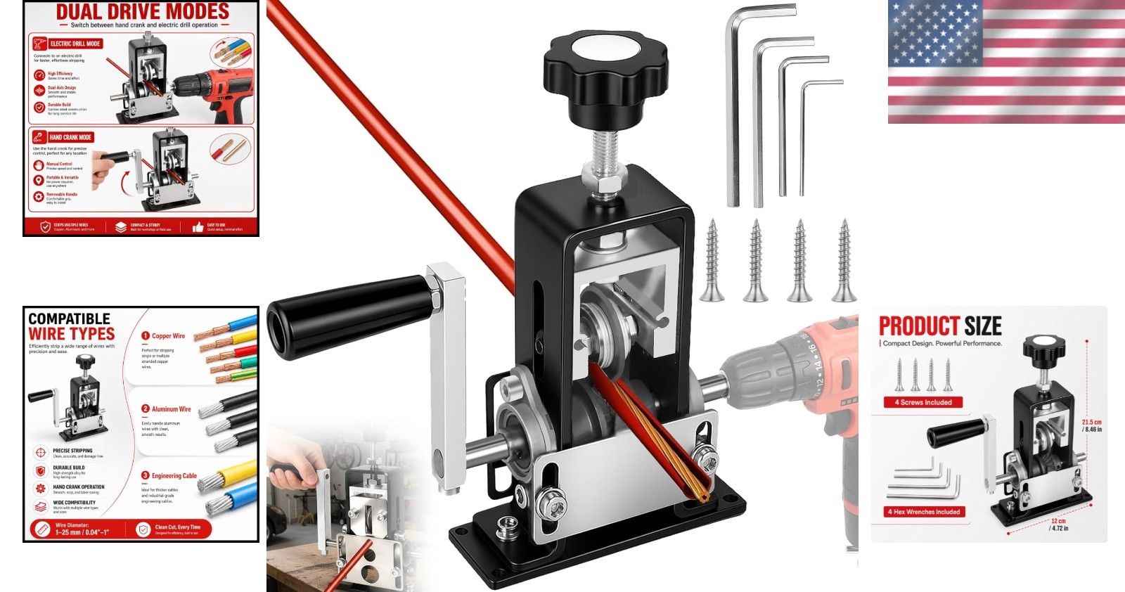 Compact Copper Wire Stripping Tool - Easy Manual Cranking & Drill Compatible