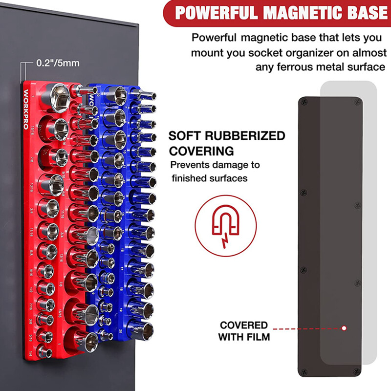 WORKPRO 2PC 3/8" Magnetic Socket Organizer Set SAE & Metric Socket Holders Carts