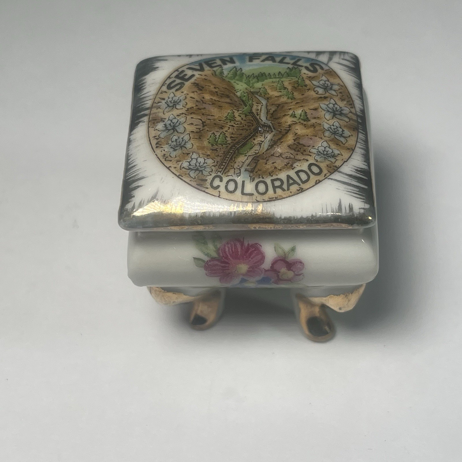 Seven Falls Colorado Vtg Porcelain Footed Trinket Box