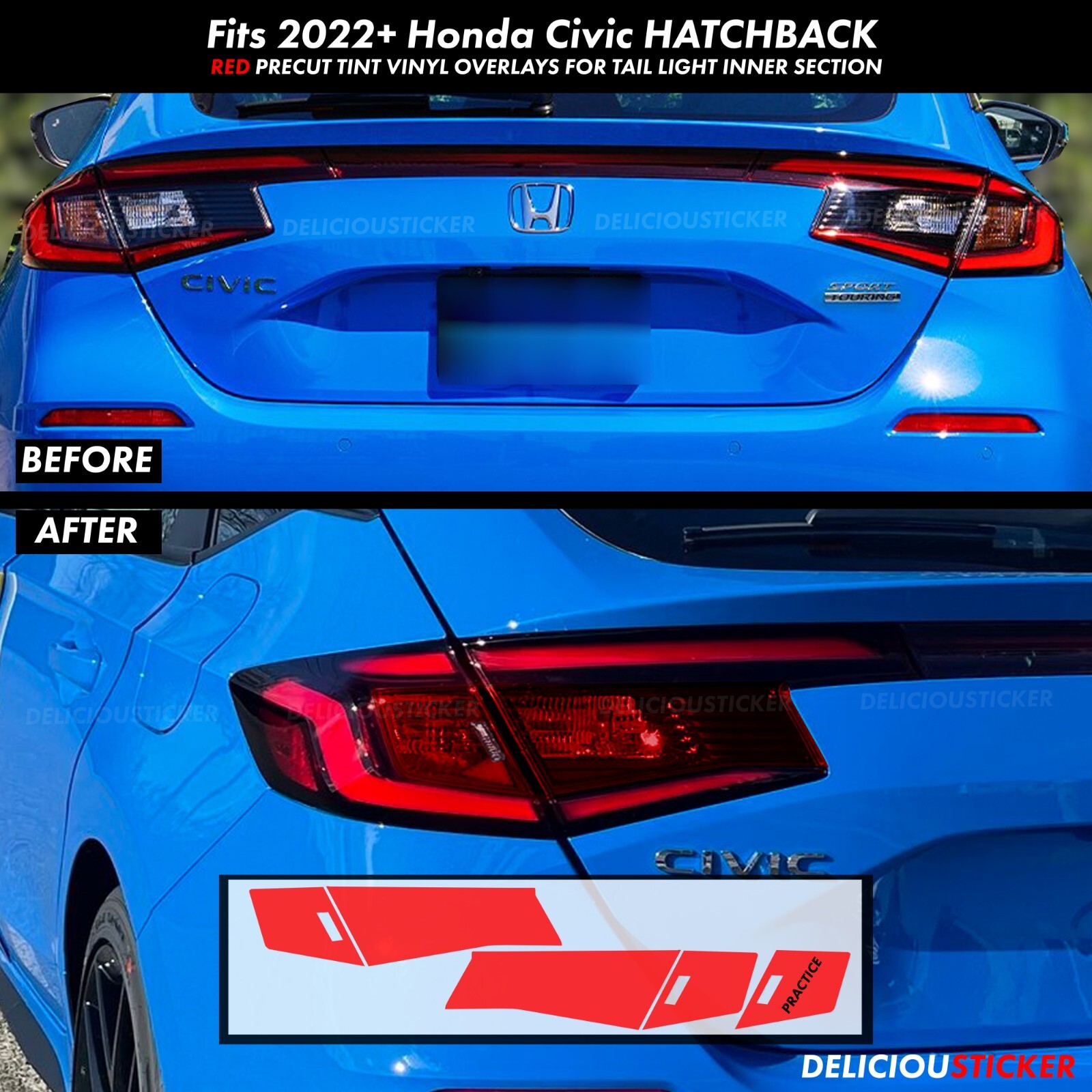 For 2022-26 Honda Civic Hatchback RED Tail Light Rear Overlays PreCut Tint Decal