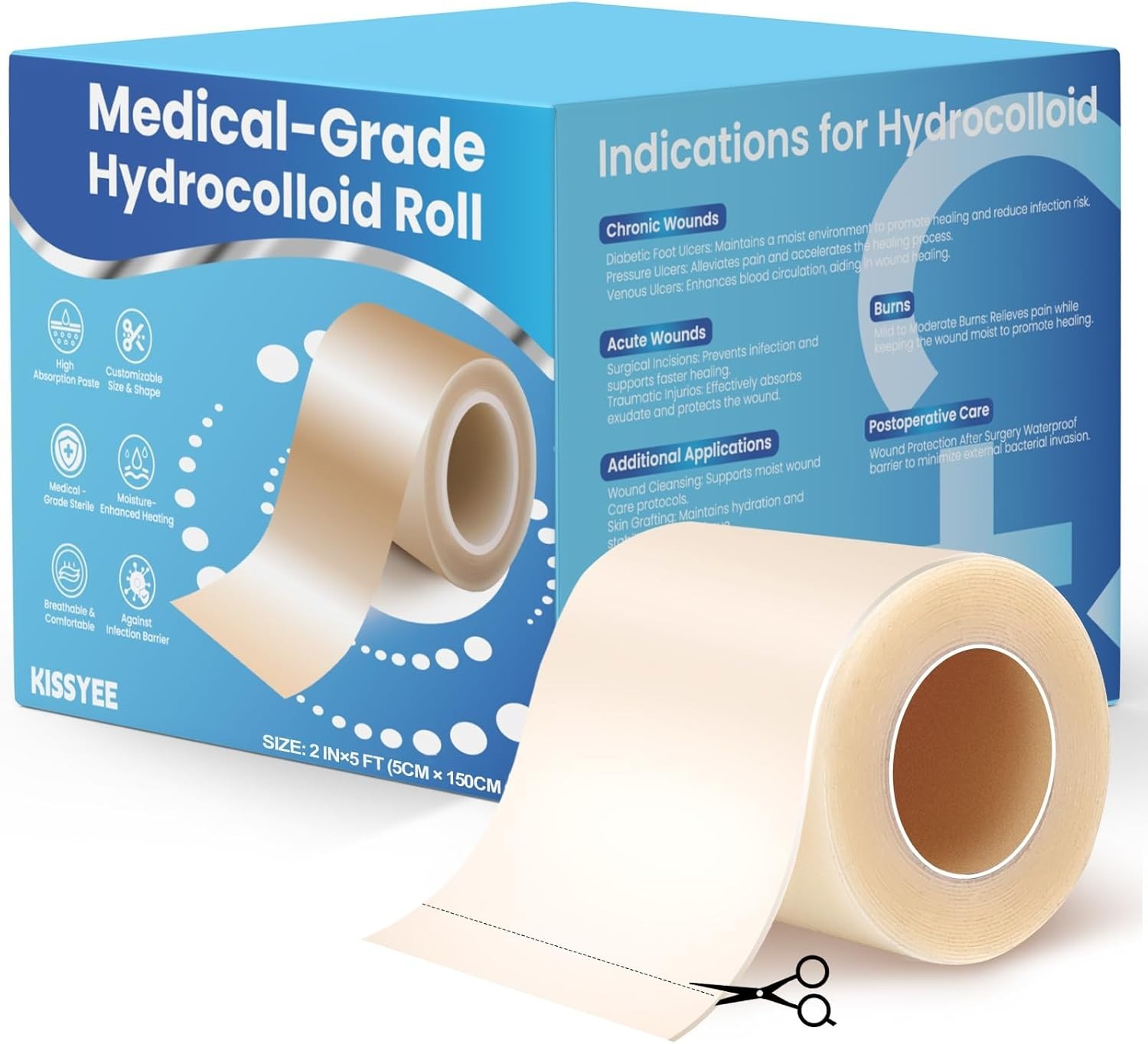 Hydrocolloid Roll Bandages, 2IN x 5FT Extra Large Hydrocolloid Patch with Sel...