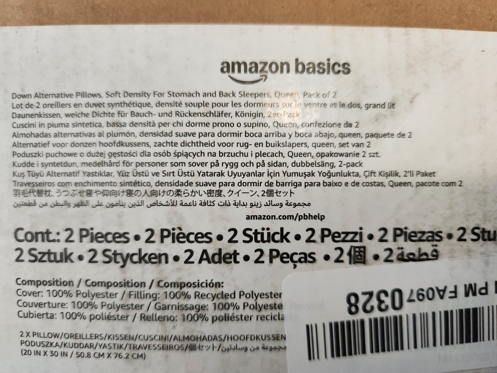 Amazon Basics Down Alternative Soft Pillows, White, Queen 30"x20"
