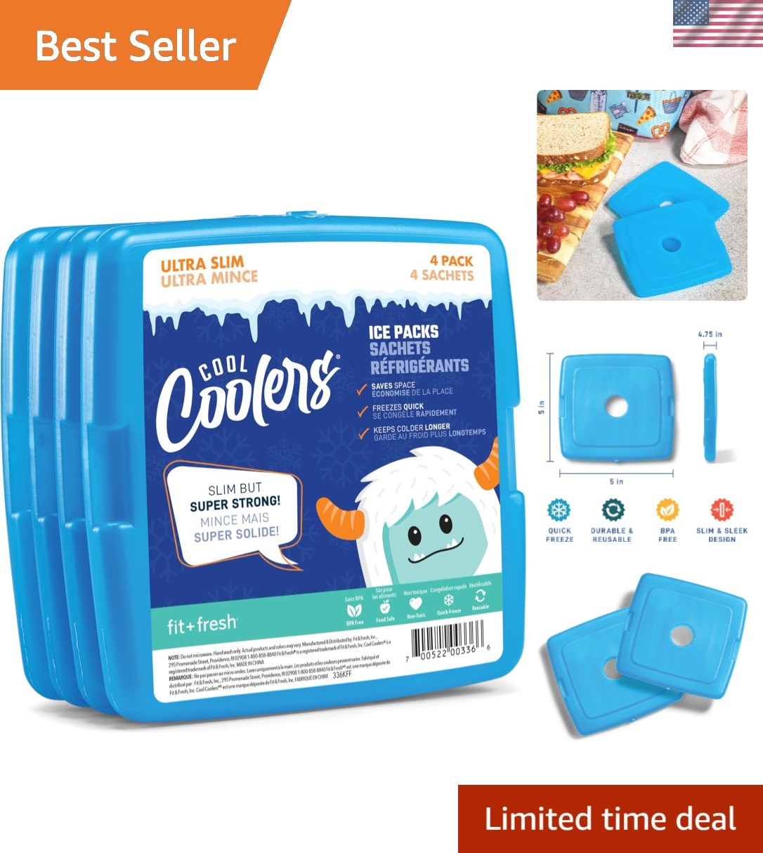Fit + Fresh 4 Pack Slim Ice Packs - Space-Saving & Reusable Cooling Solution