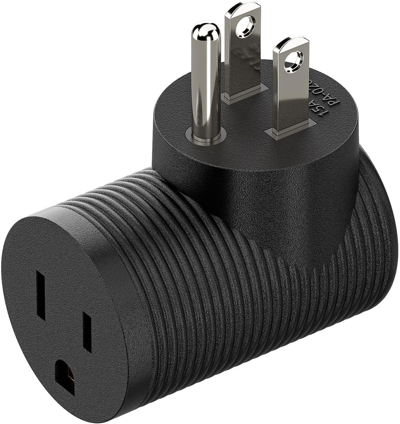 Nema 5-15R to 5-15P Right Angle Power Adaptor, Angled USA 3-Prong Black