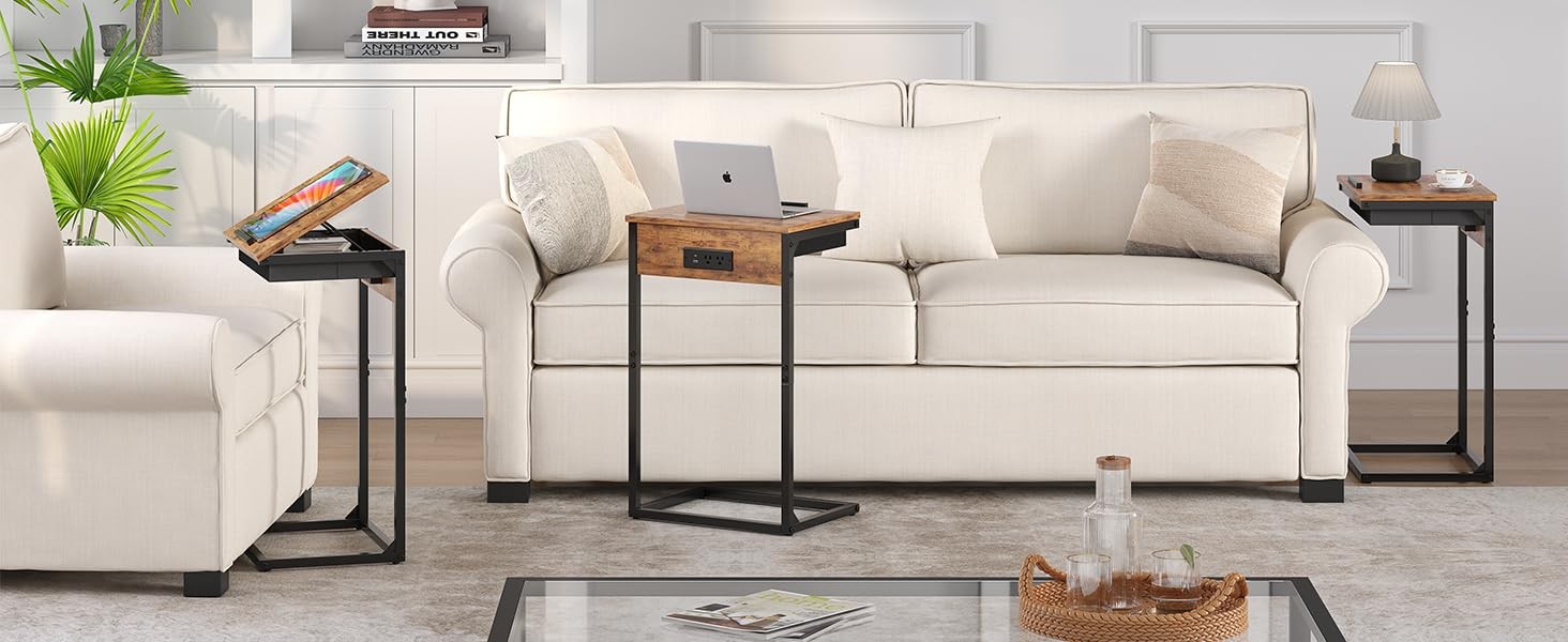 Shaped End Table with Charging Station, 45° Tiltable Adjustable Flip Top Tabl...