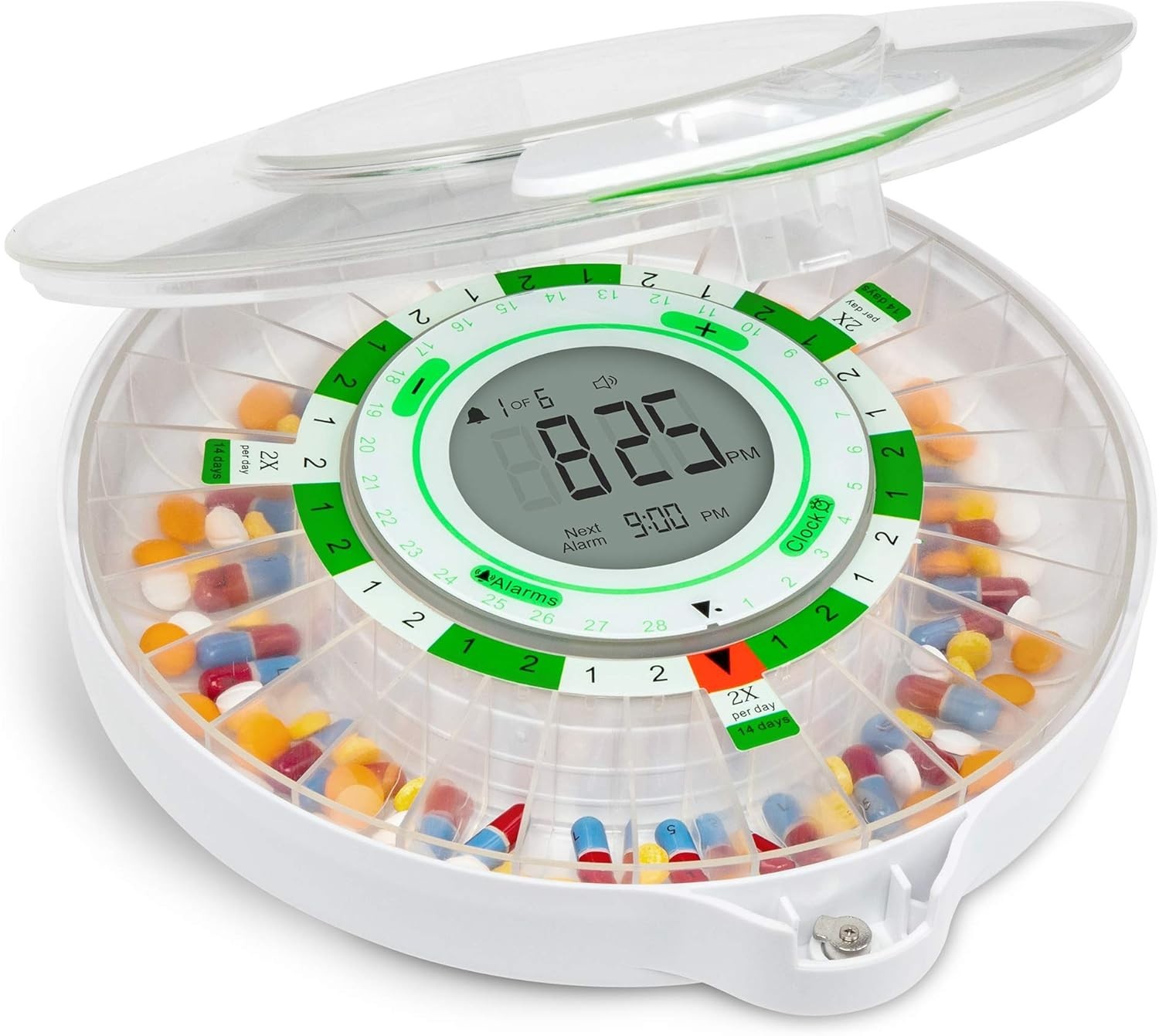 Automatic 28-Day Medication Organizer with Adjustable Sound and Visual Alarms