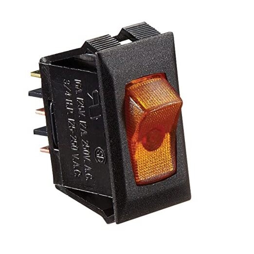 S249, Rocker Switch, 10 Amp, Illuminated On / Off, SPST, Black w/ Amber, DC