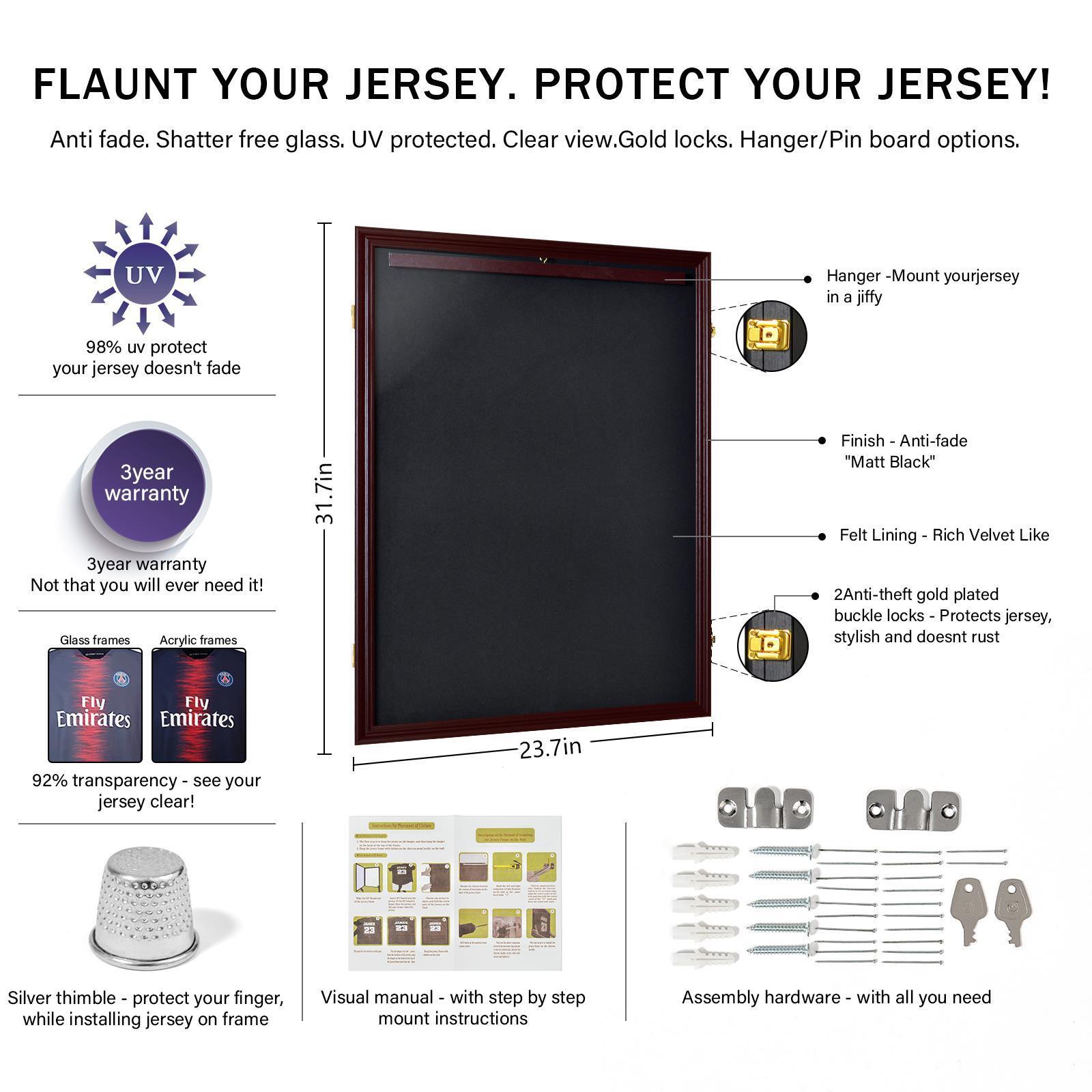 PRO UV Jersey Display Frame Shadow Box Lockable Wall Mount Option for Football