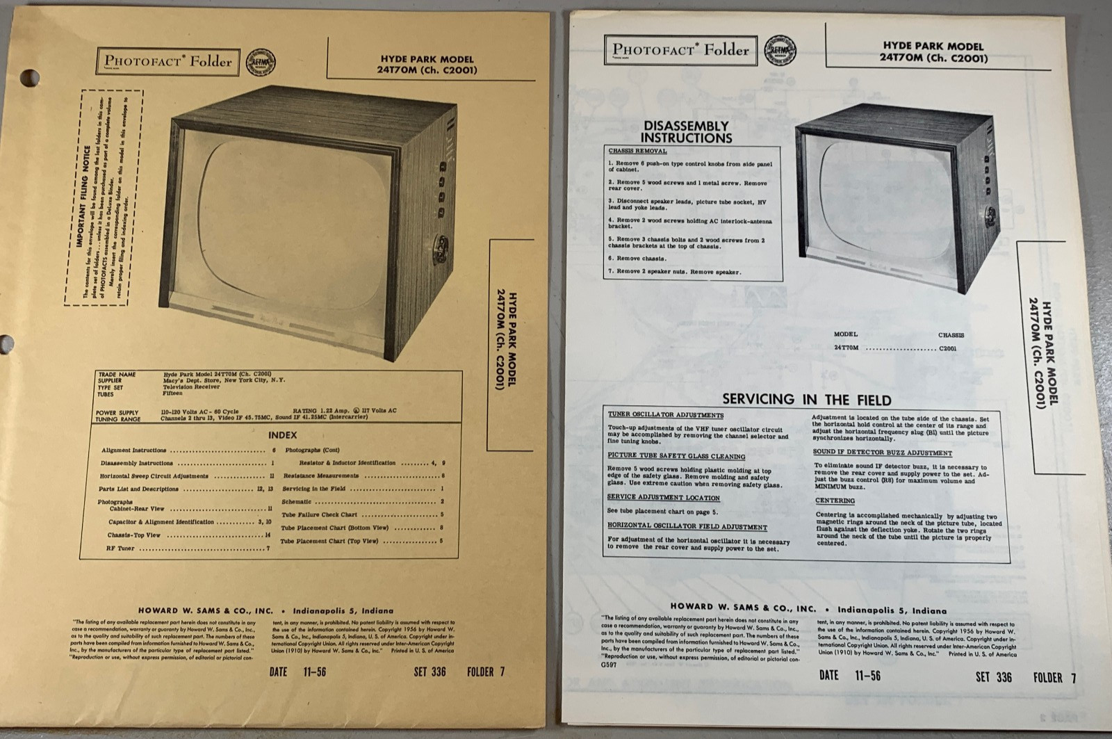 1956 Hyde Park TV 24T70M Ch. C2001 Photofact Folder Service Manual Parts Repair