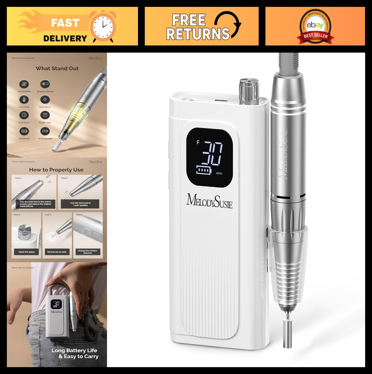Rechargeable Nail Drill E-File 30000RPM with LCD Display for Manicure & Gel Remo