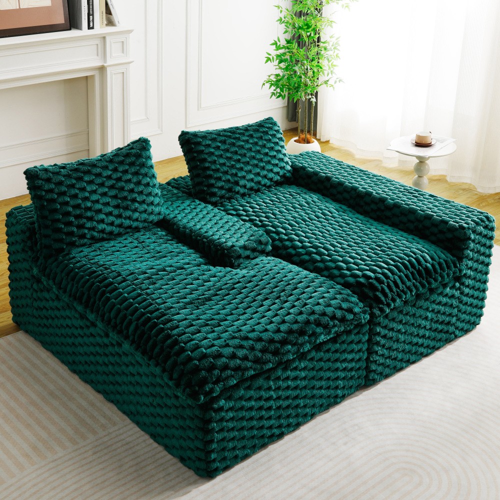 Green Velvet Convertible Sofa w/ Chaise Lounge - L-Shape Couch for Living Room