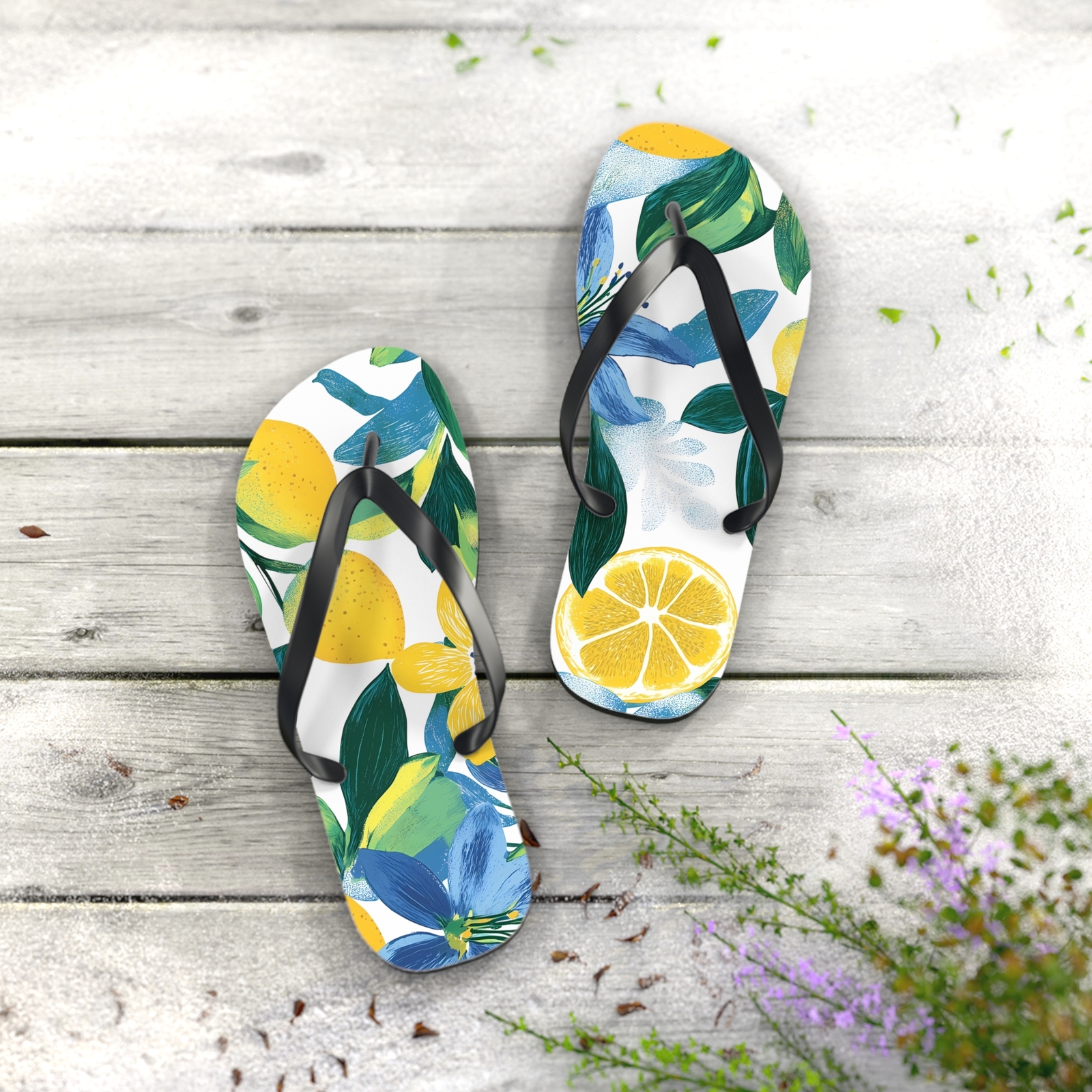 Lemon Floral Flip Flops, Summer Beach Sandals, Vacation Footwear, Pool Slides