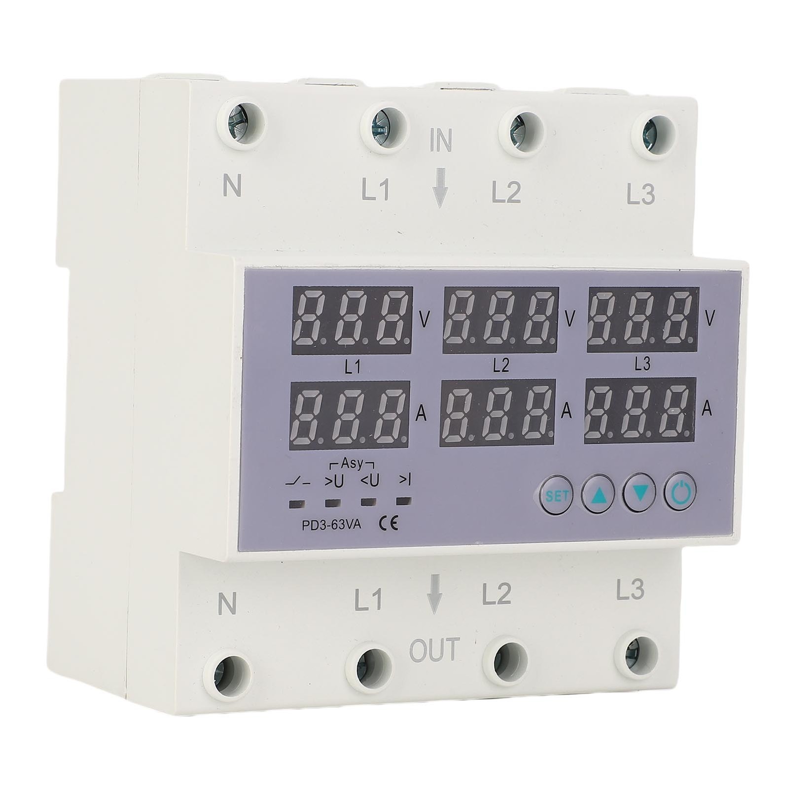 63A 3 Phase DIN Rail Voltmeter Ammeter Auto Overvoltage Overcurrent Protector AC
