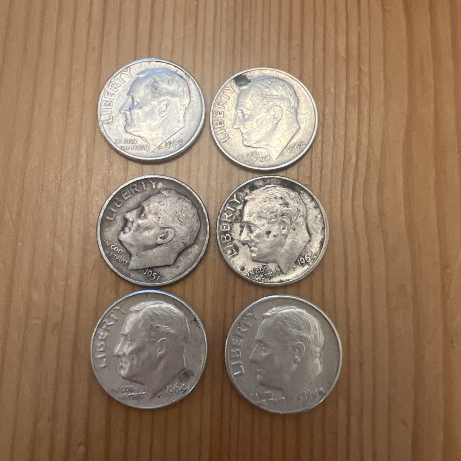 Lot Of 6 Silver Dimes 90% Silver, Years 1951, 1963 And 1964. Rare! ￼