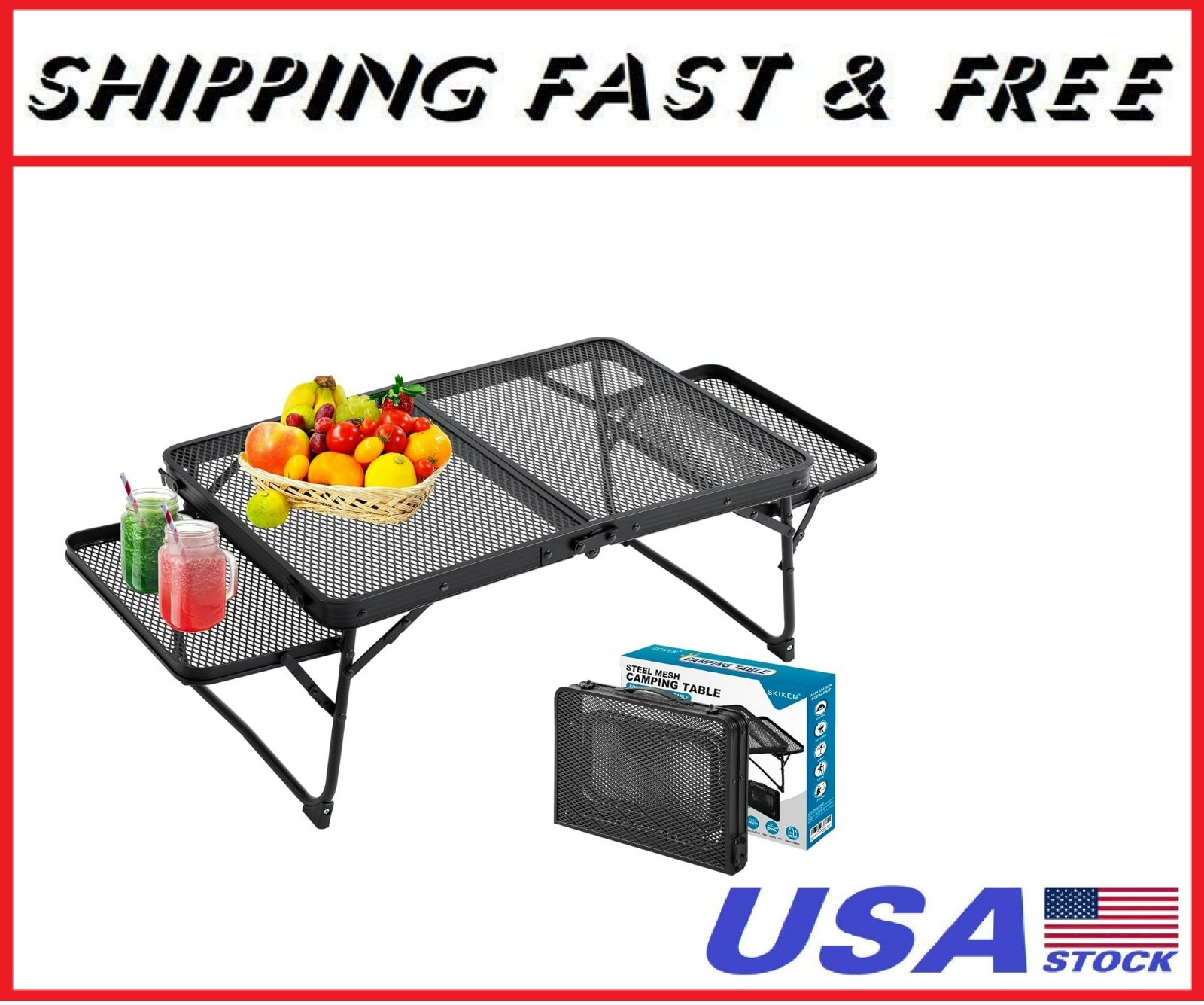 Small Low Camping Table with 2 Wing Panels, Folding Low Picnic & Outdoor Table