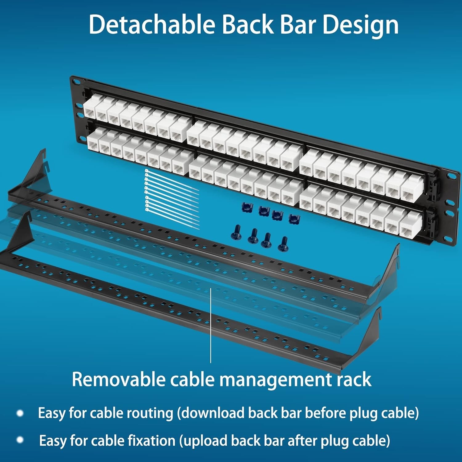 High-Speed 48 Port Cat6 Patch Panel with Toolless Termination & Detachable Bar