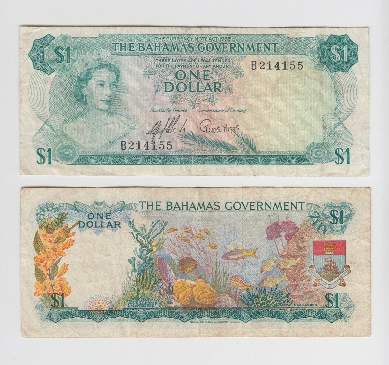 BAHAMAS P.18a  1 DOLLAR 1965 2 SIGS PFX B  FINE  LOW SHIPPING  WE COMBINE 2111