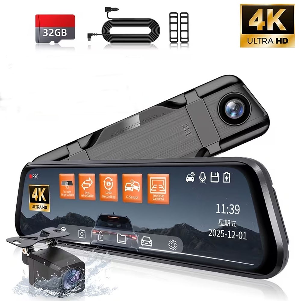 10" Mirror Dash Cam Dual Lens Car DVR Camera Front/Rear Video Recorder & 32GB