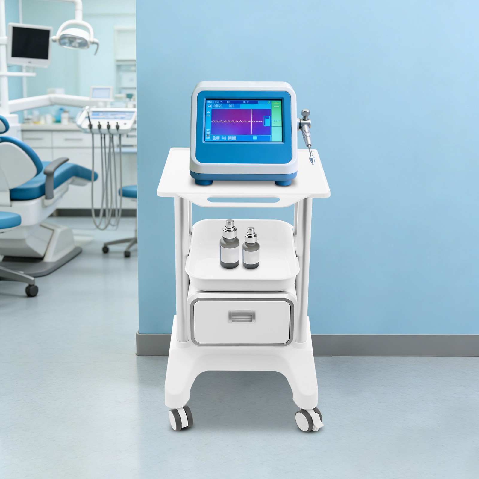 3 Tiers Lab Carts Mobile Medical Cart with 1 Drawers & 1 Top Tray White 30in H