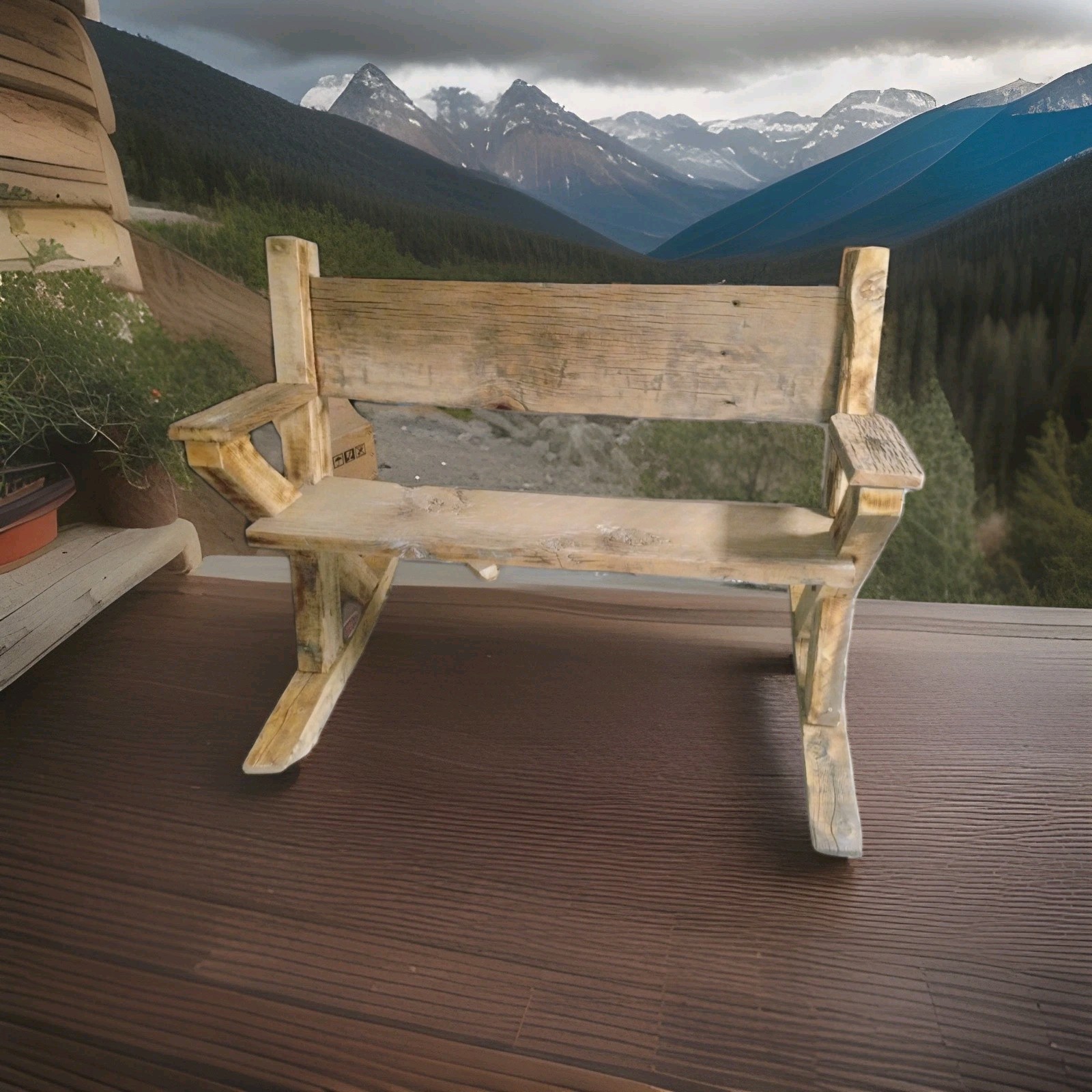 Rustic Brown Medium Wood Bench w/ Backrest & Armrests 41-50in L, 16-25in H