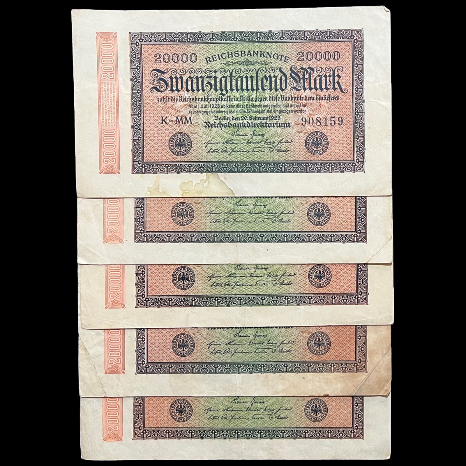 5x 1923 German 20000 Mark Banknote WW1 Military Inflation Fascist Hitler Nazi