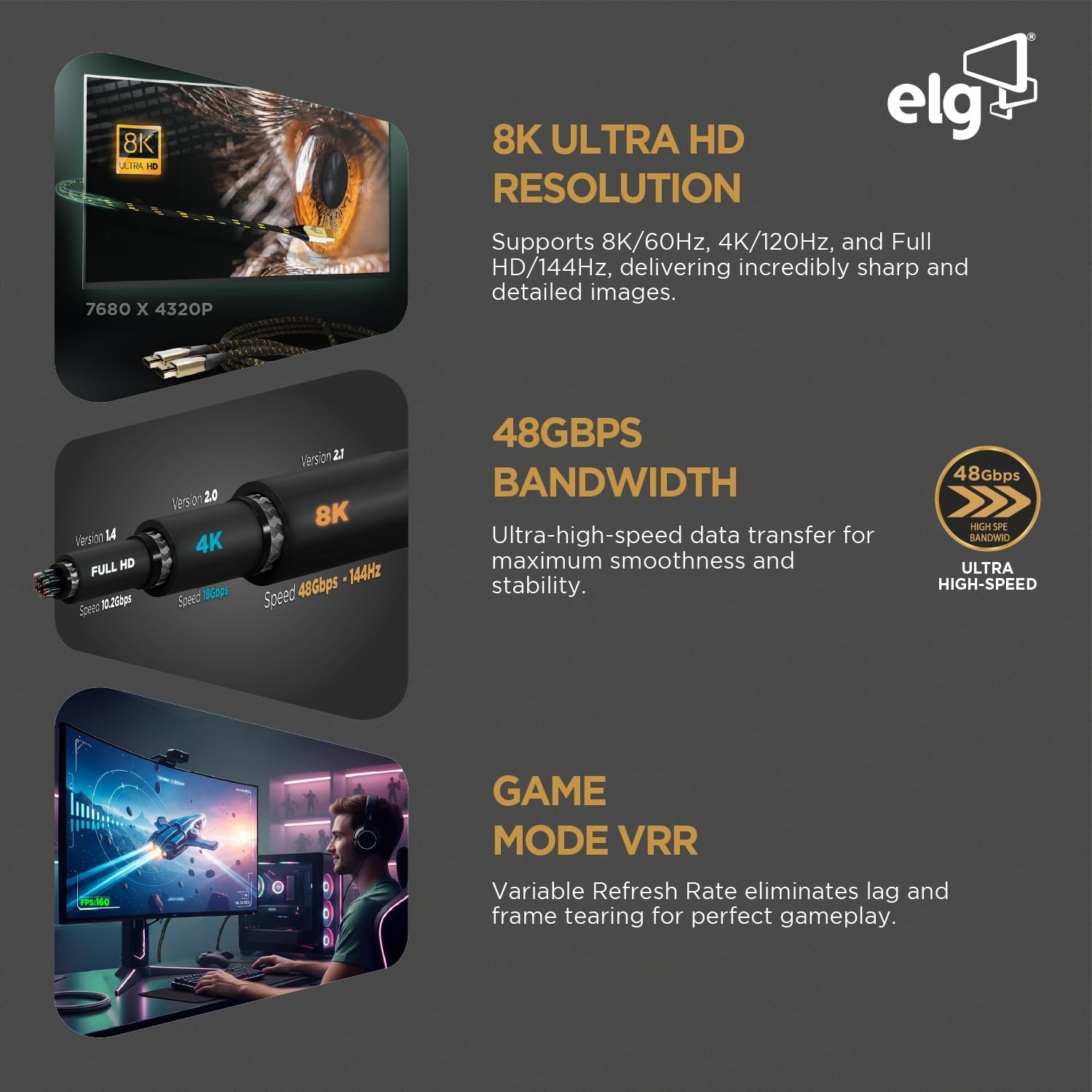 ELG 8K Ultra High Speed HDMI 2.1 Cable, 48Gbps Bandwidth, eARC & VRR Support,...