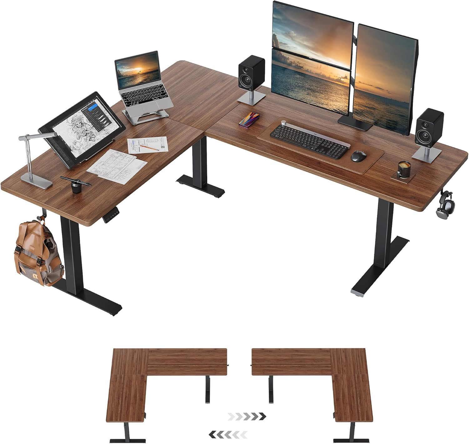 Reversible L-Shaped 63x55 Electric Standing Desk Height Adjustable Walnut