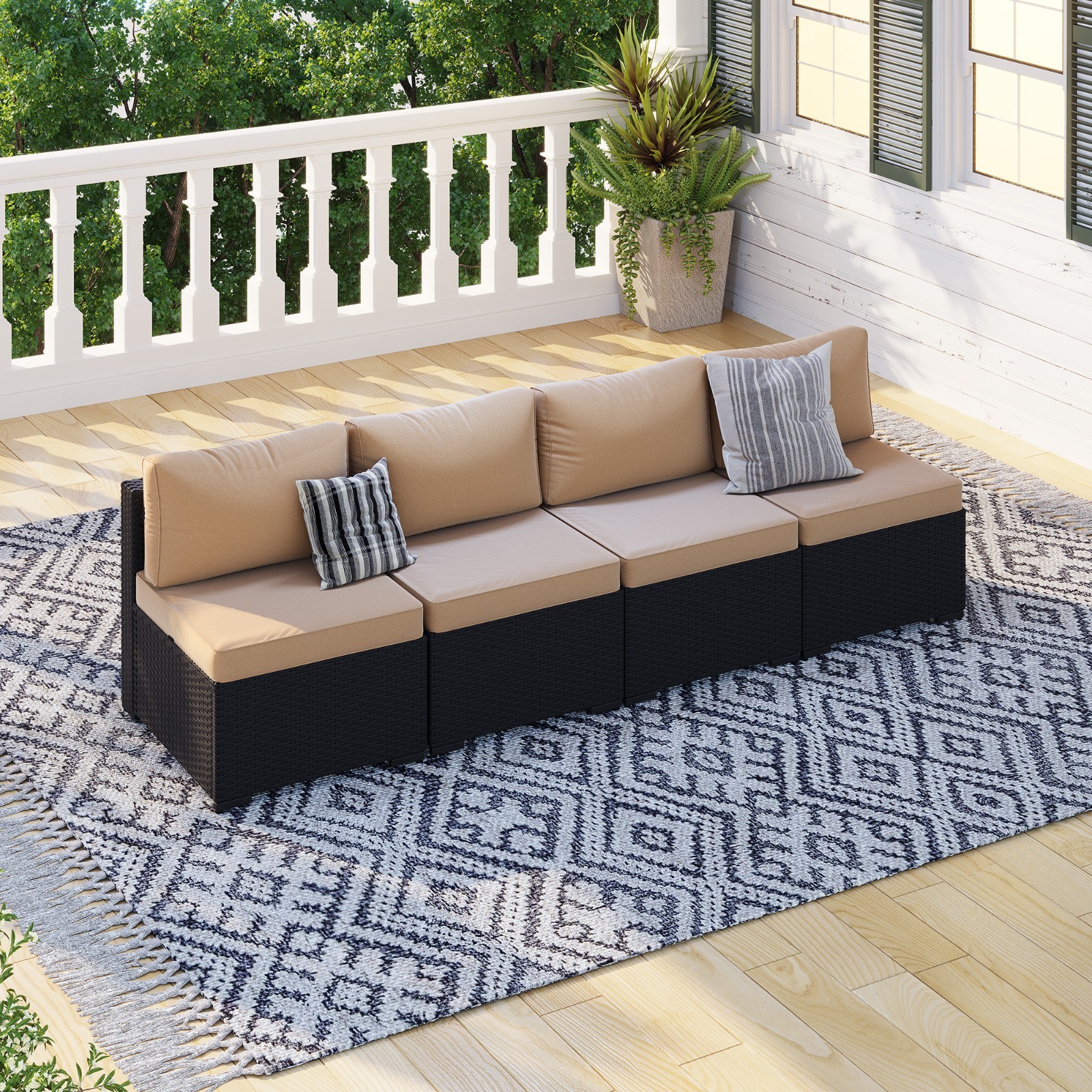 4-Piece Black Rattan Sofa Set with Beige Cushions