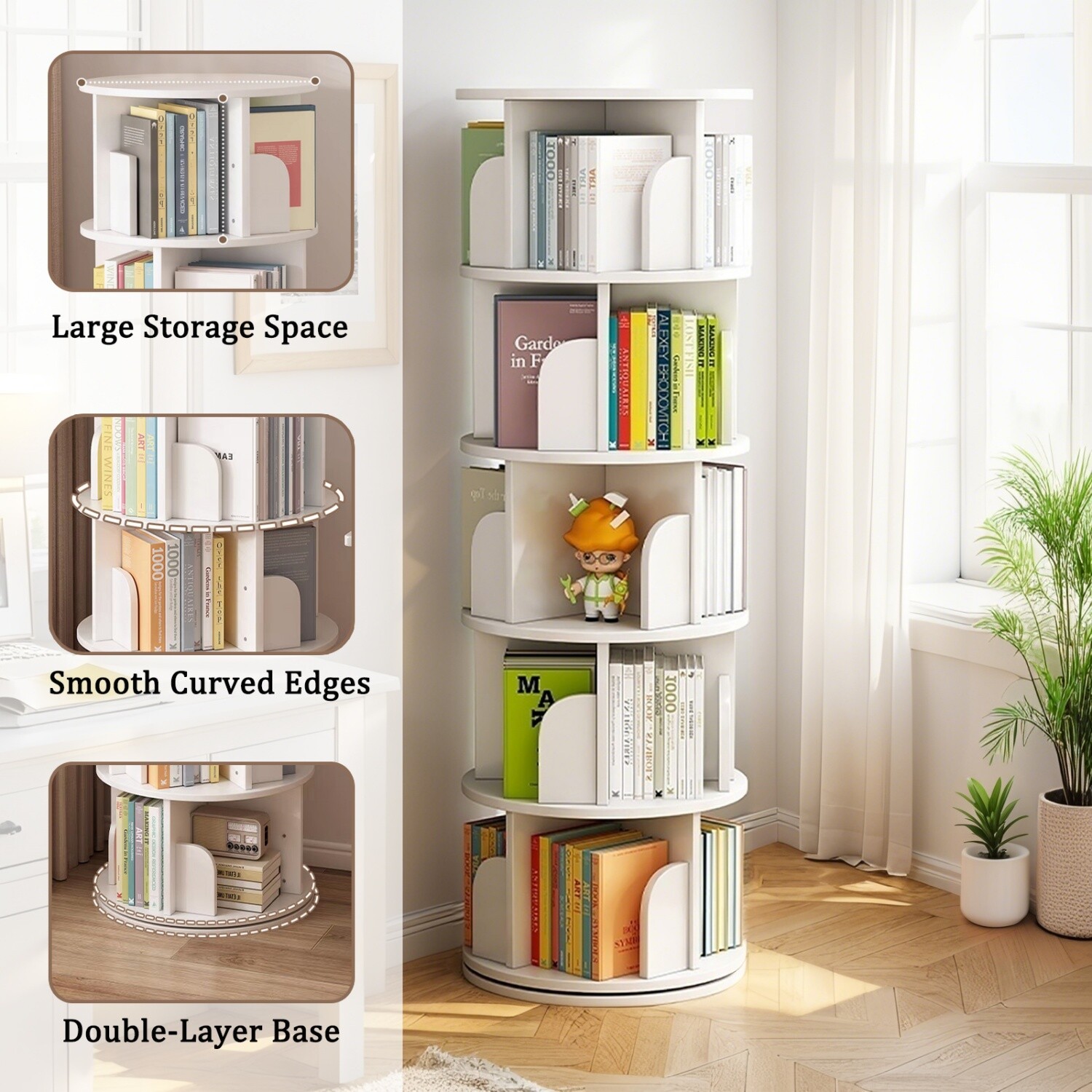 5 Tier 360° Rotating Bookshelf Freestanding Bookcase Storage Display Rack White
