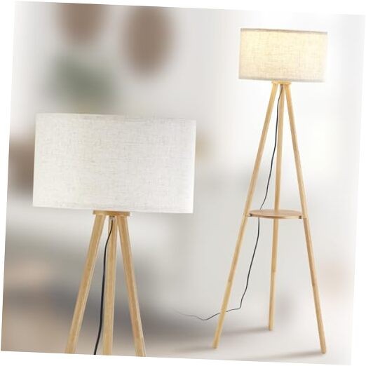 Wood Tripod Floor Lamp with Shelf & 3 Color FSC Natural Wood and Linen Shade