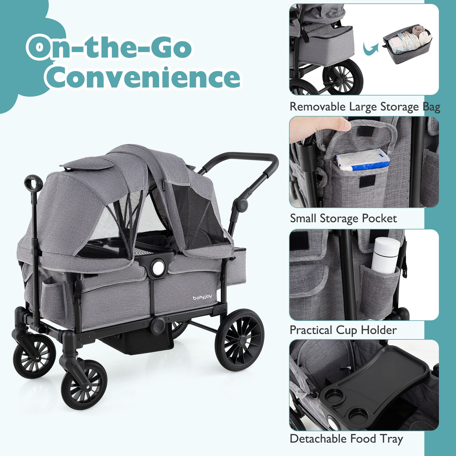 Wagon Stroller for 2 Kids Push Pull Double Stroller w/ Adjustable Handle