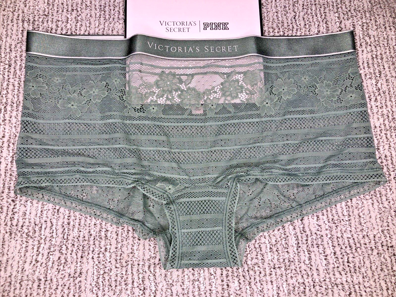 Victoria's Secret NWT XL Green Lace Boyshort Panty Sheer Logo Floral Cute