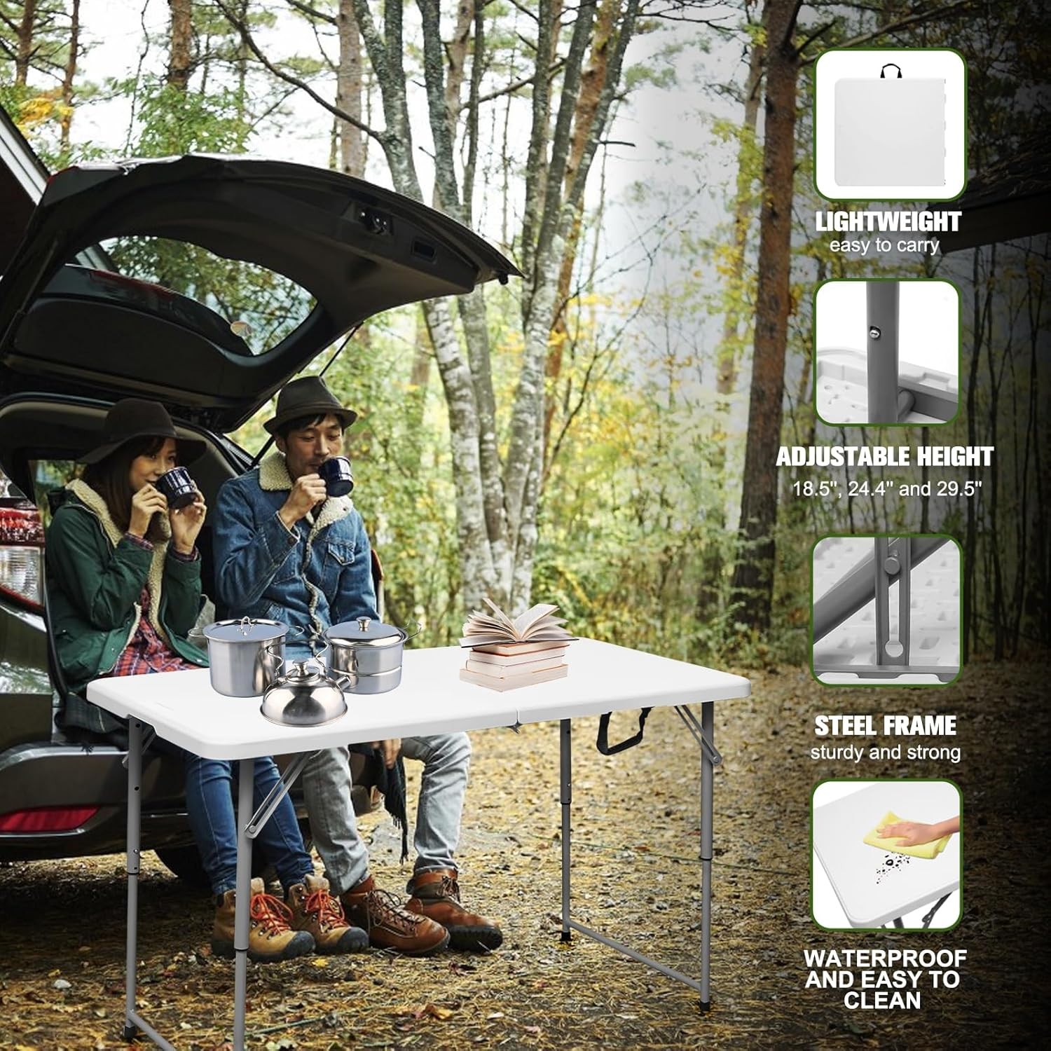 Folding Table 4 Foot Portable Heavy Duty Plastic Fold-in-Half Utility Table